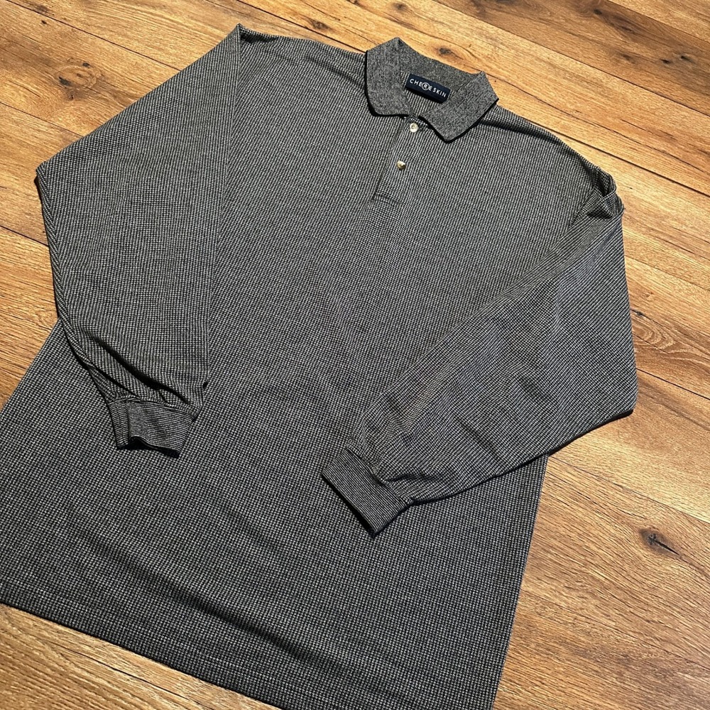 Vintage Chereskin Grey Houndstooth Patterned Long Sleeve Polo Shirt Mens XL